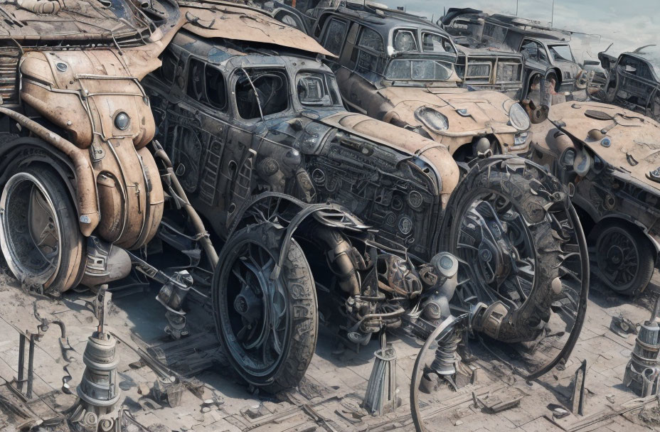 Futuristic, Grungy Vehicles in Abandoned Junkyard Setting