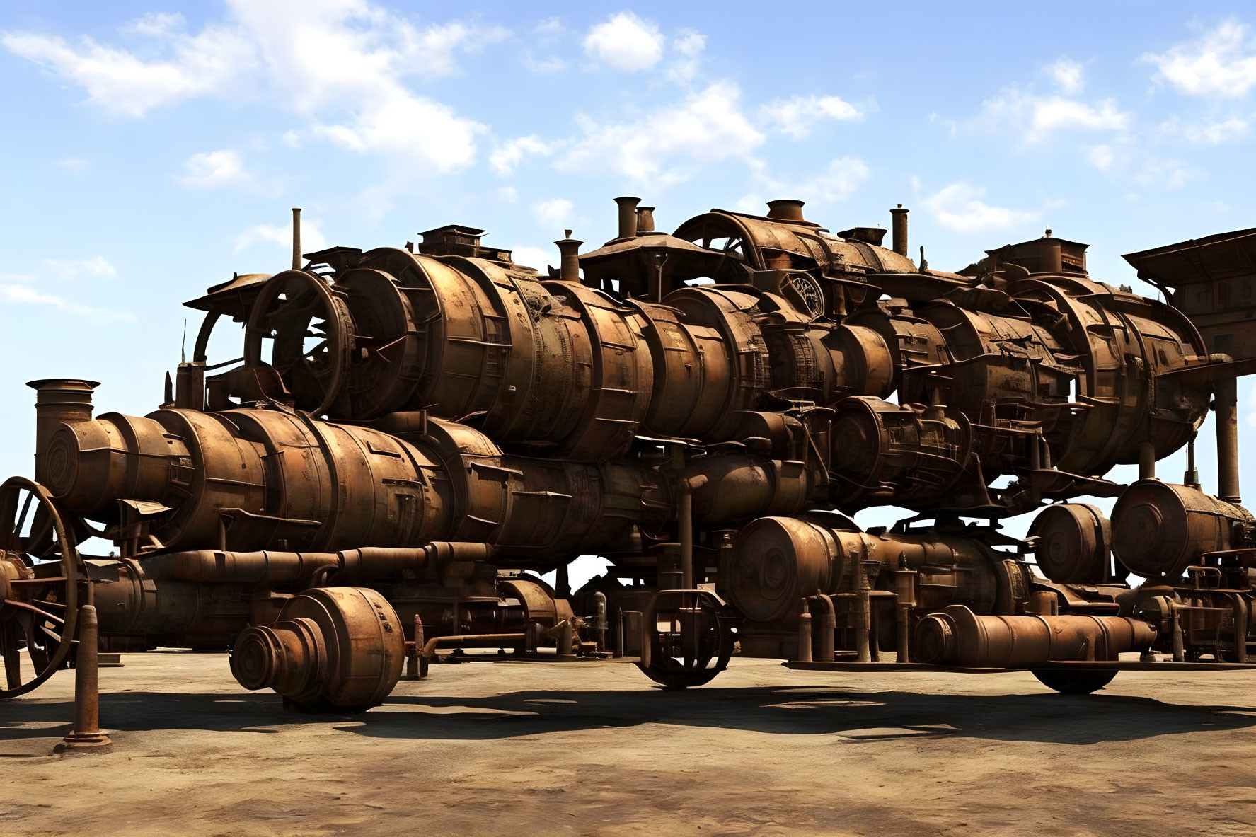 Fantastical wooden barrel train on tracks in clear sky