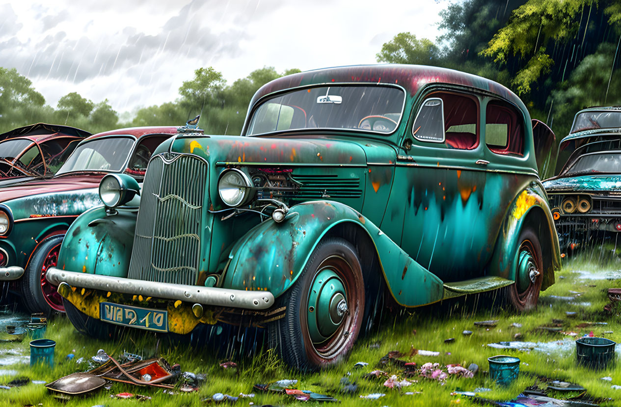 Abandoned vintage car with peeling teal paint in rainy field surrounded by old vehicles and lush greenery