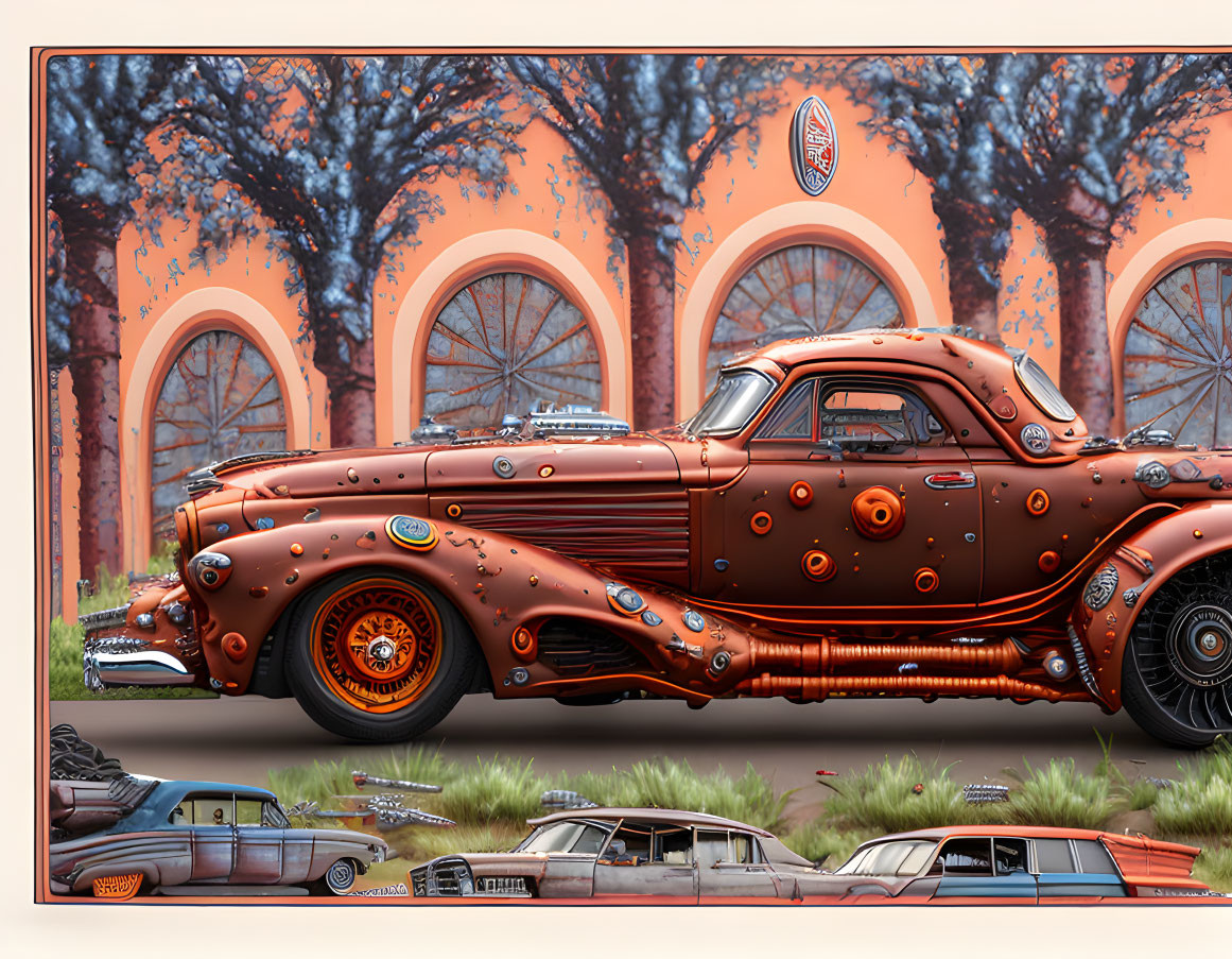 Stylized classic car with orange details in frame against arched windows