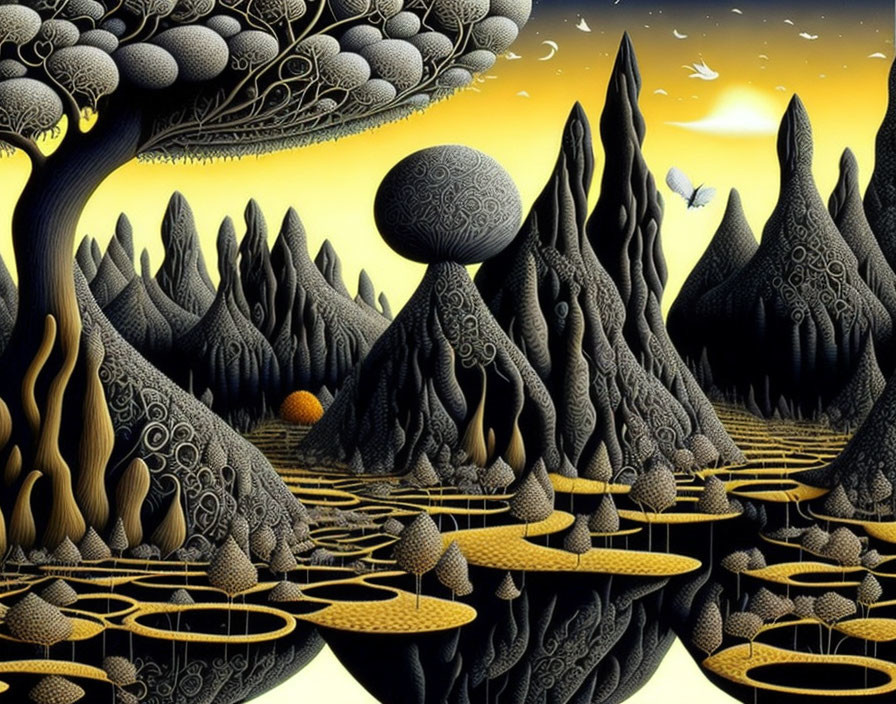 Surreal landscape with stylized trees, patterned mountains, floating spheres, and circular platforms under