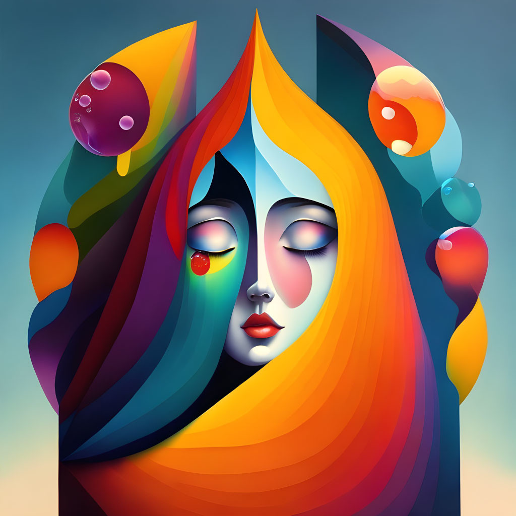 Vibrant digital artwork of stylized female face with flowing shapes and bubbles