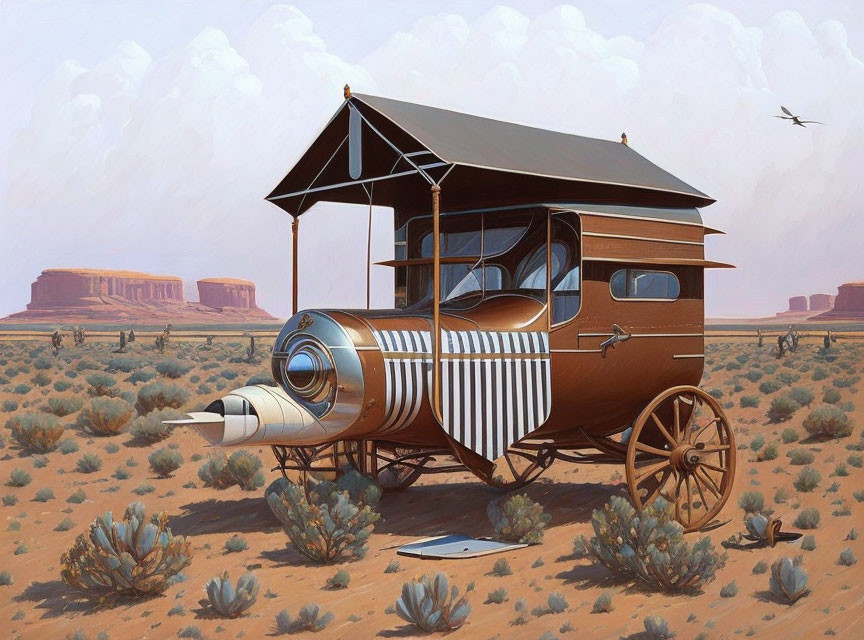 Vintage wooden caravan with cartoonish cannon in desert landscape