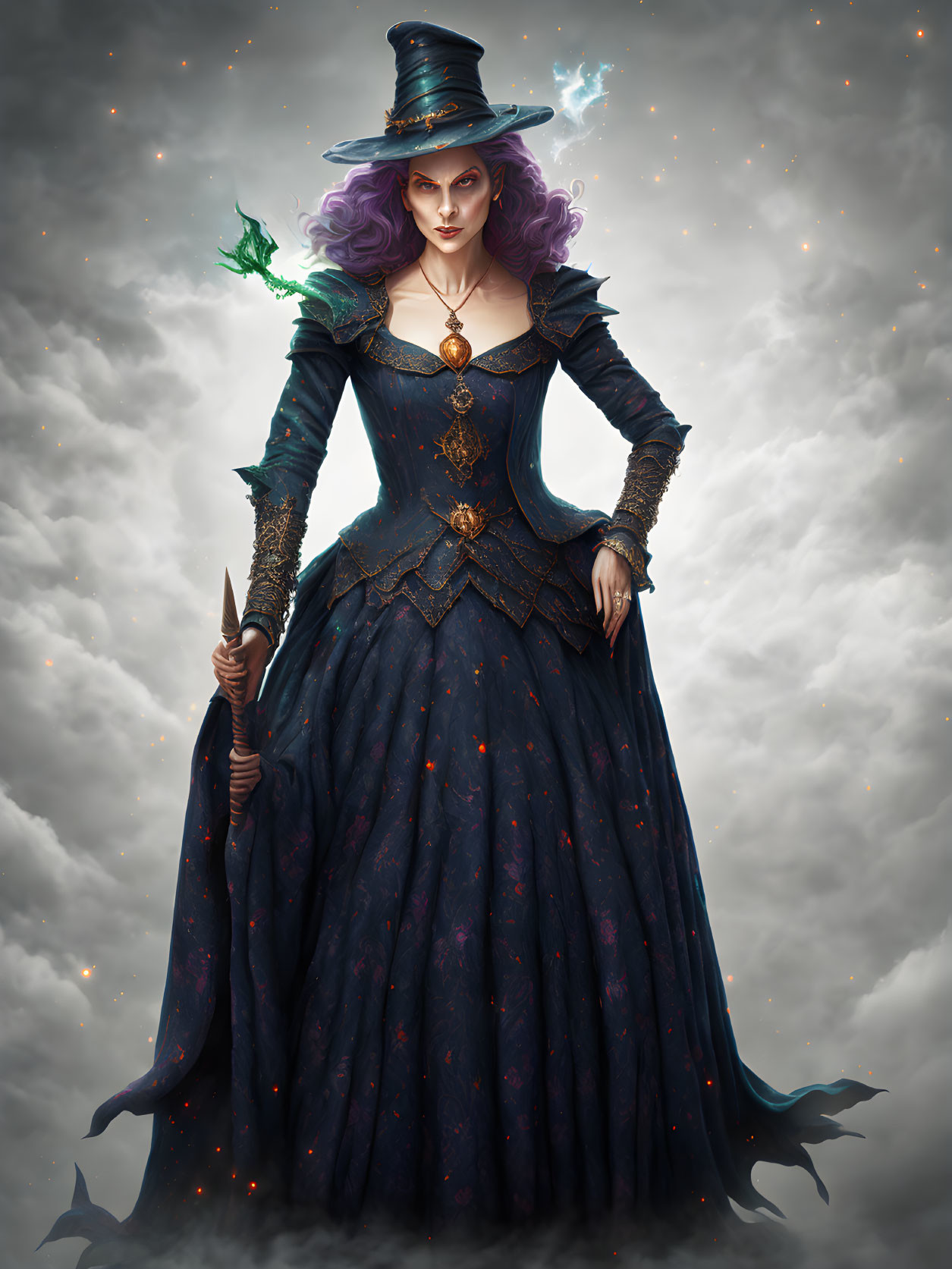 Purple-haired witch in navy dress with staff and dagger among floating embers