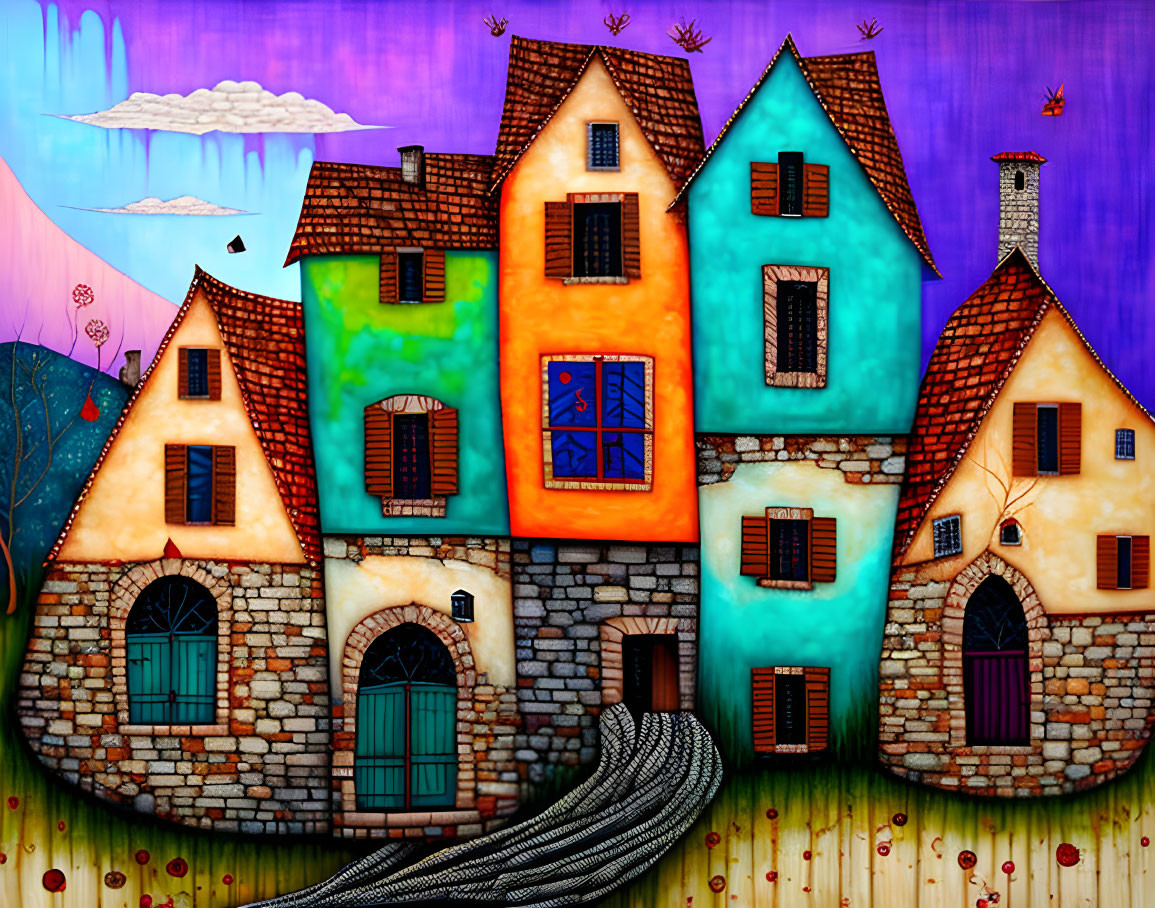 Whimsical colorful houses on stone bases under purple sky