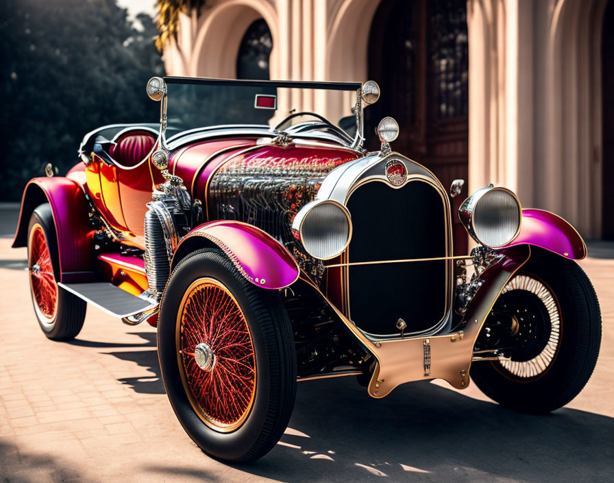 Classic Vintage Car with Red and Purple Glossy Paint, Spoke Wheels, and Chrome Details parked by