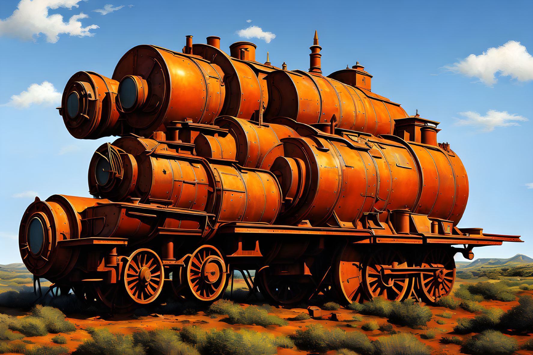 Stylized oversized steam locomotive in desert scenery