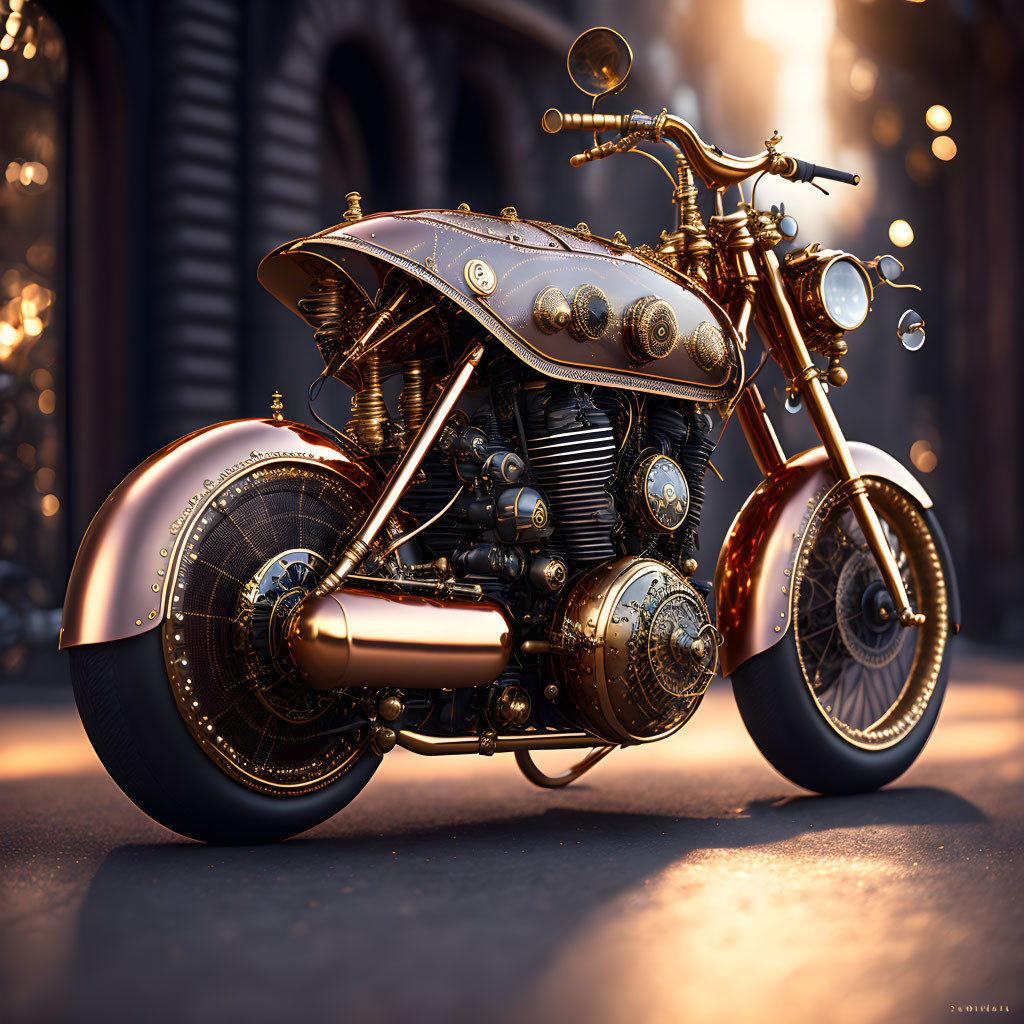 Steampunk-inspired motorcycle with bronze details in sunset glow