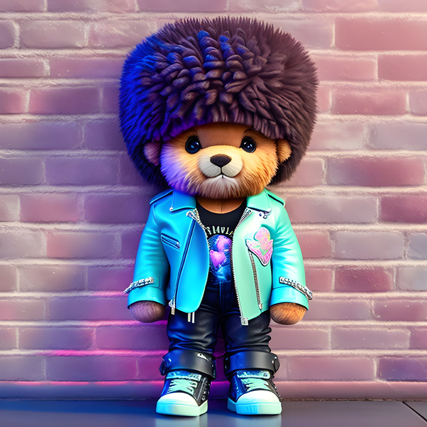 Stylized teddy bear in blue jacket and sneakers on brick wall background