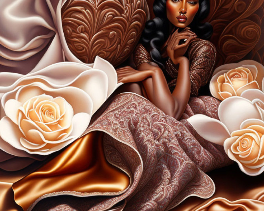 Illustrated woman in patterned dress with dark hair among cream roses on swirling brown background