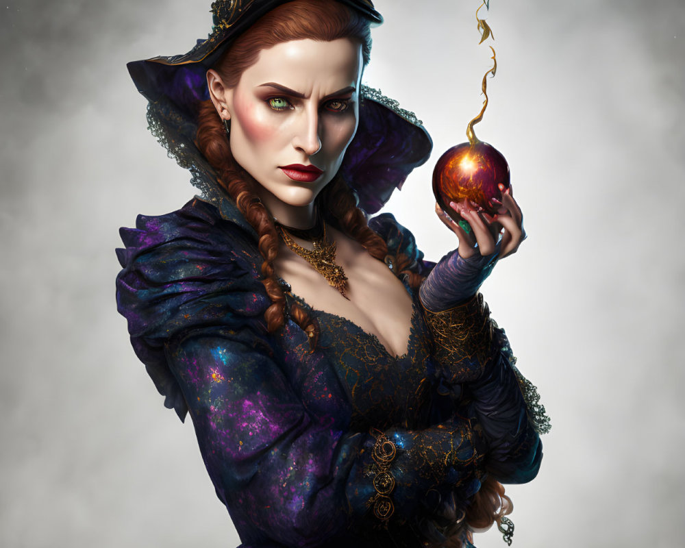 Purple and Black Witch with Magical Apple and Green Bird