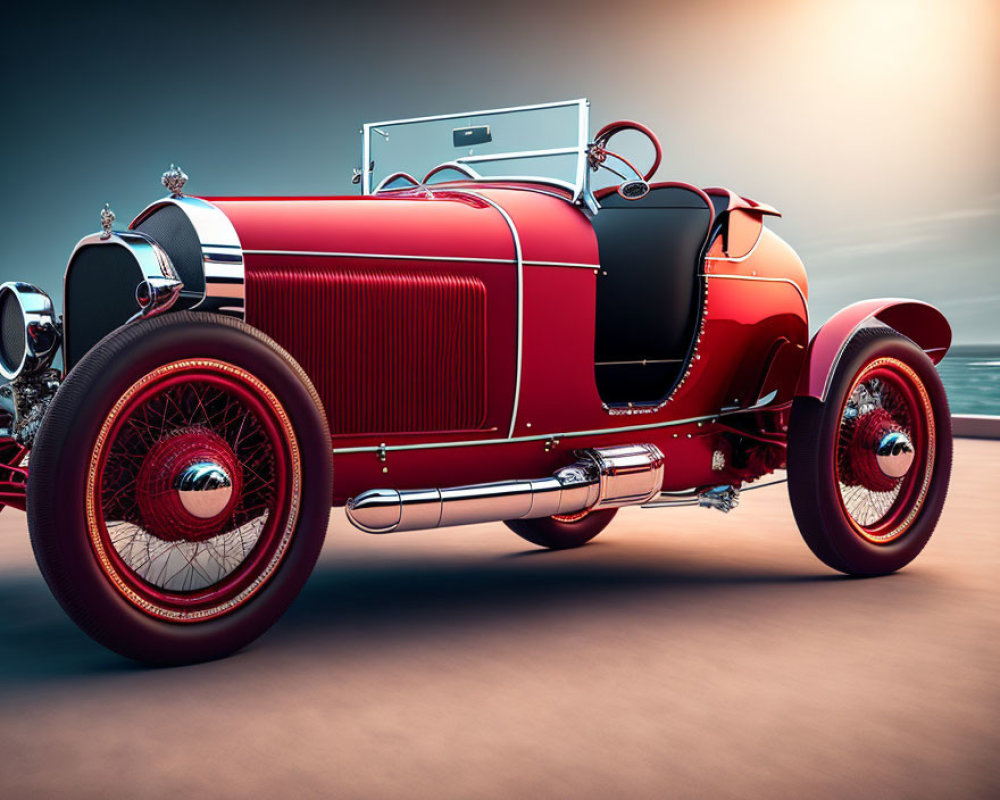 Classic Red Roadster with Wire-Spoke Wheels on Open Road