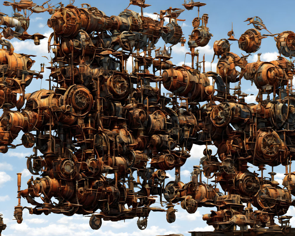 Detailed 3D-rendered steampunk flying machines in cloudy sky