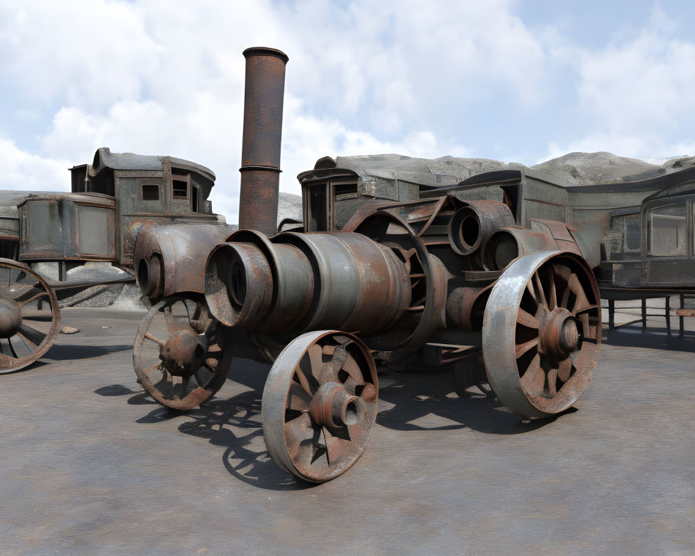 Vintage Steam Locomotive in Arid Landscape with Rusty Texture