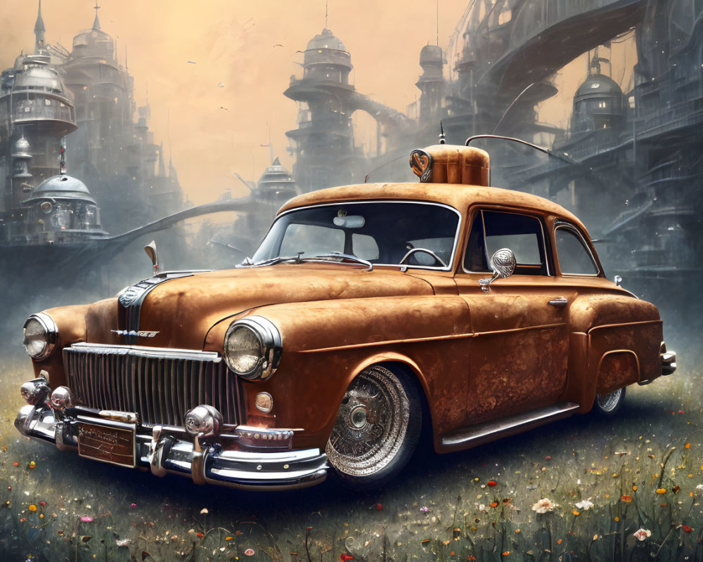 Vintage Car with Taxi Sign in Field of Flowers Against Steampunk Cityscape