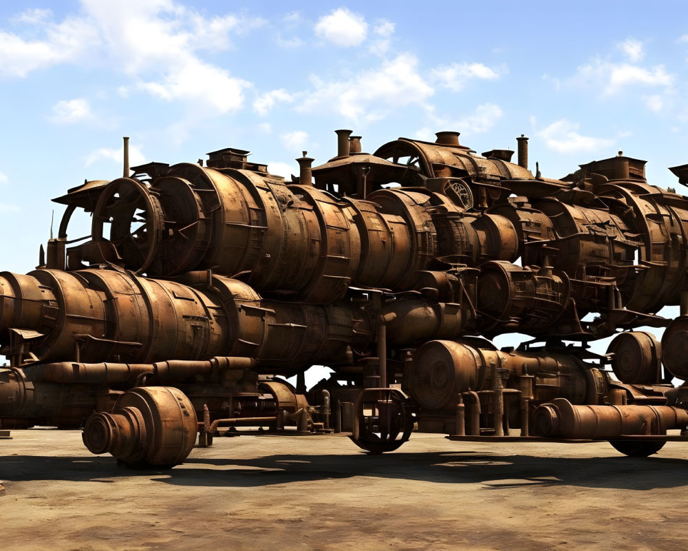 Fantastical wooden barrel train on tracks in clear sky