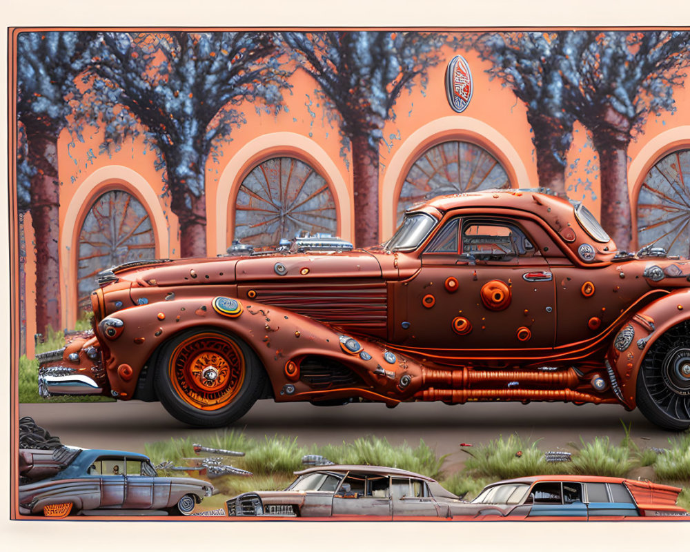 Stylized classic car with orange details in frame against arched windows