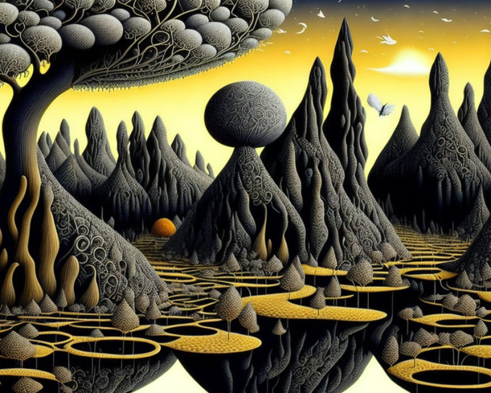 Surreal landscape with stylized trees, patterned mountains, floating spheres, and circular platforms under