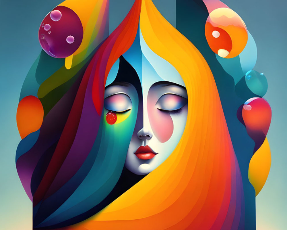 Vibrant digital artwork of stylized female face with flowing shapes and bubbles