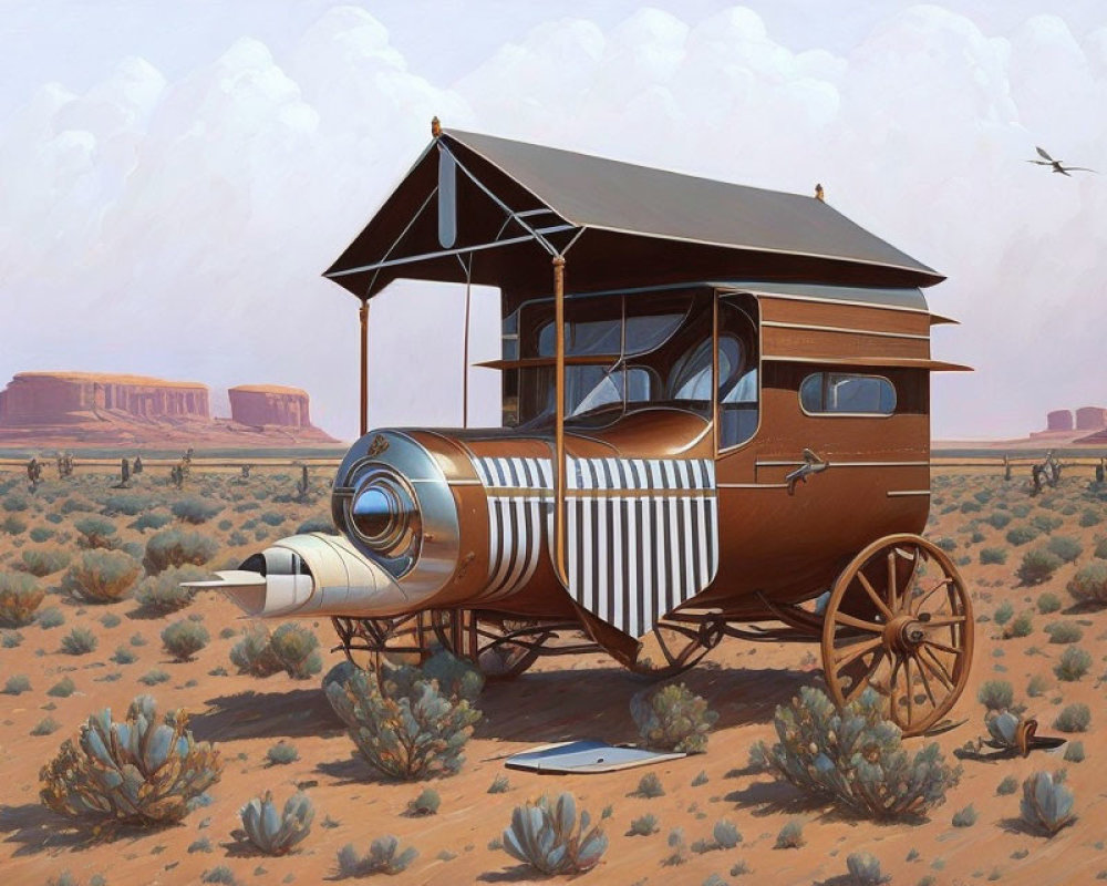 Vintage wooden caravan with cartoonish cannon in desert landscape