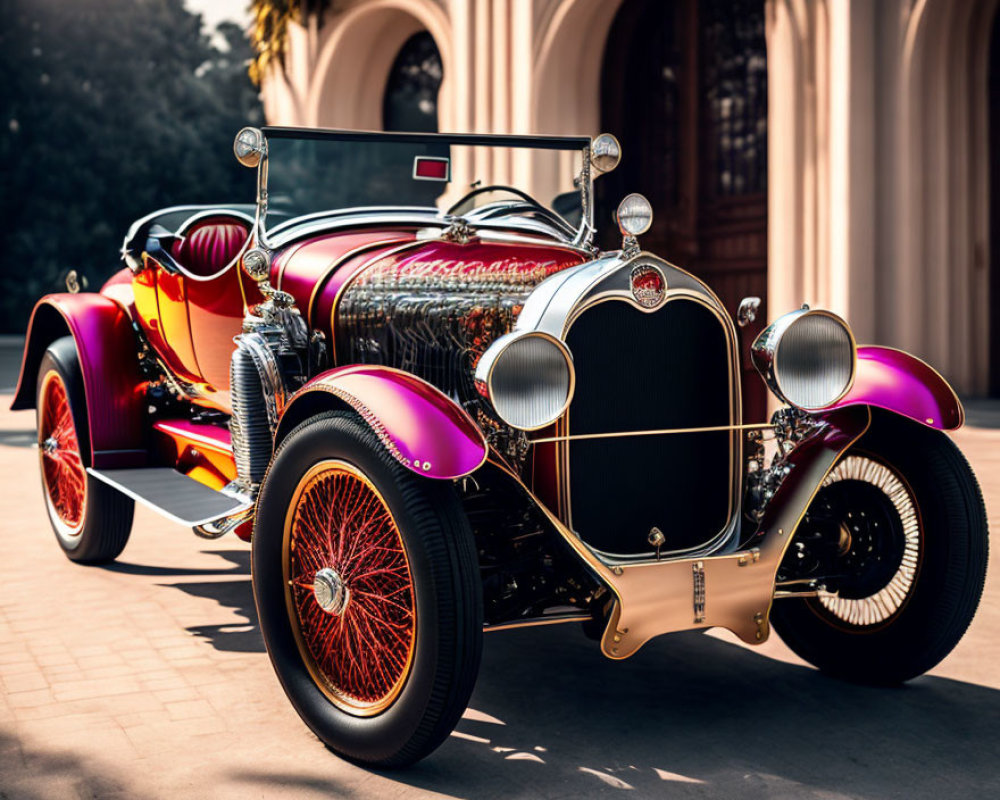 Classic Vintage Car with Red and Purple Glossy Paint, Spoke Wheels, and Chrome Details parked by