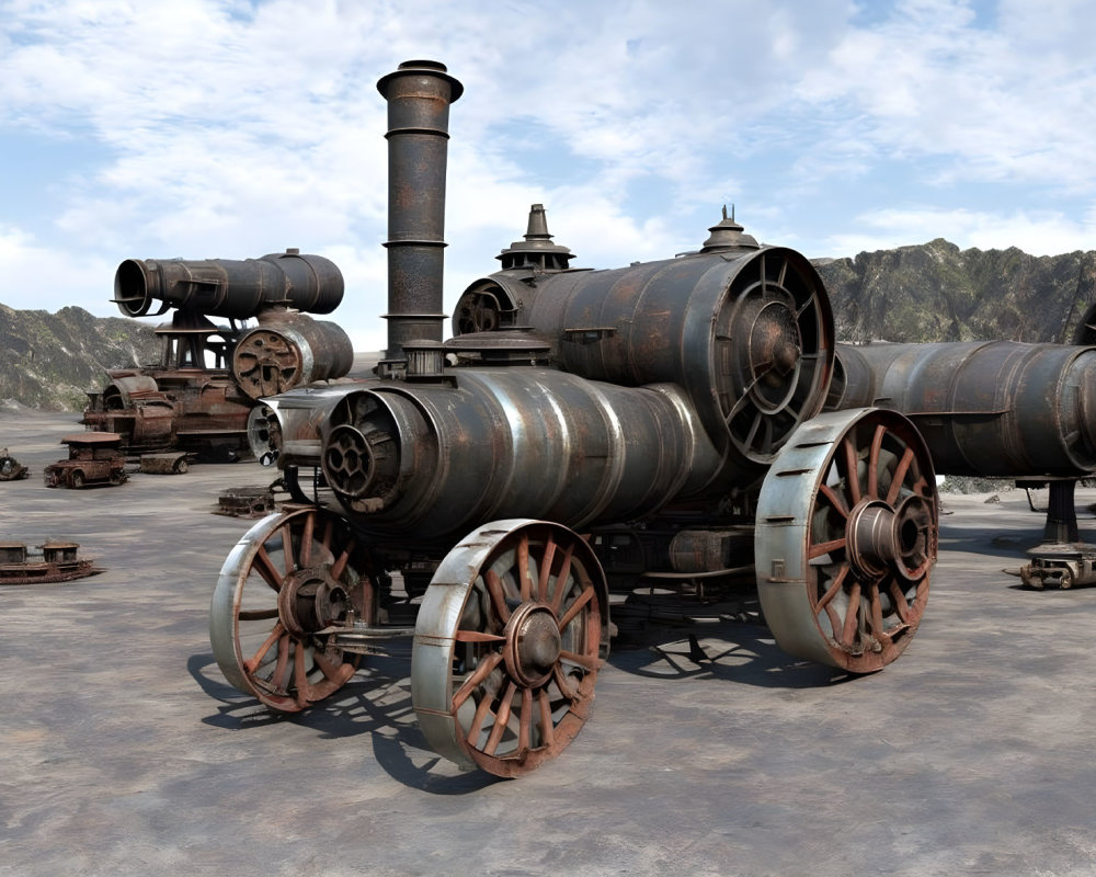 Vintage Steam Locomotives 3D Rendering in Desolate Landscape