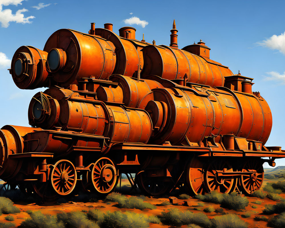 Stylized oversized steam locomotive in desert scenery