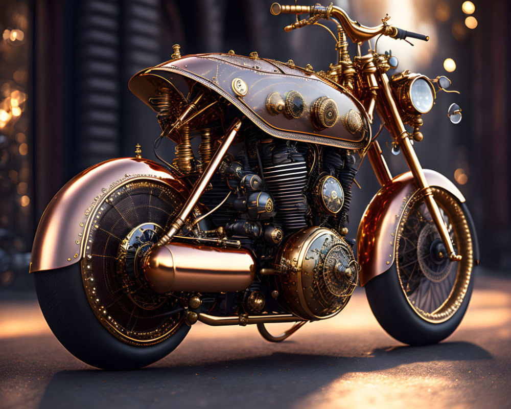 Steampunk-inspired motorcycle with bronze details in sunset glow