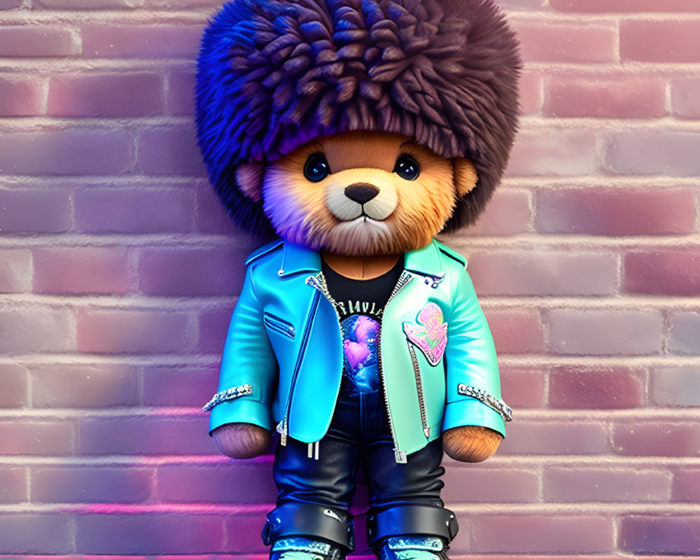 Stylized teddy bear in blue jacket and sneakers on brick wall background