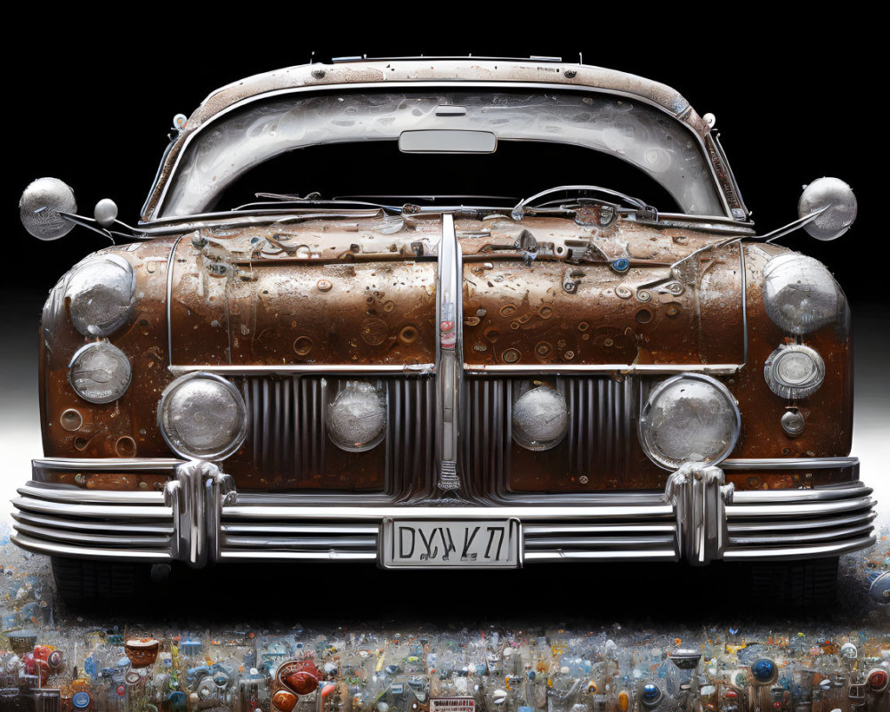 Vintage rusty car with chrome details and round headlights on dark background.