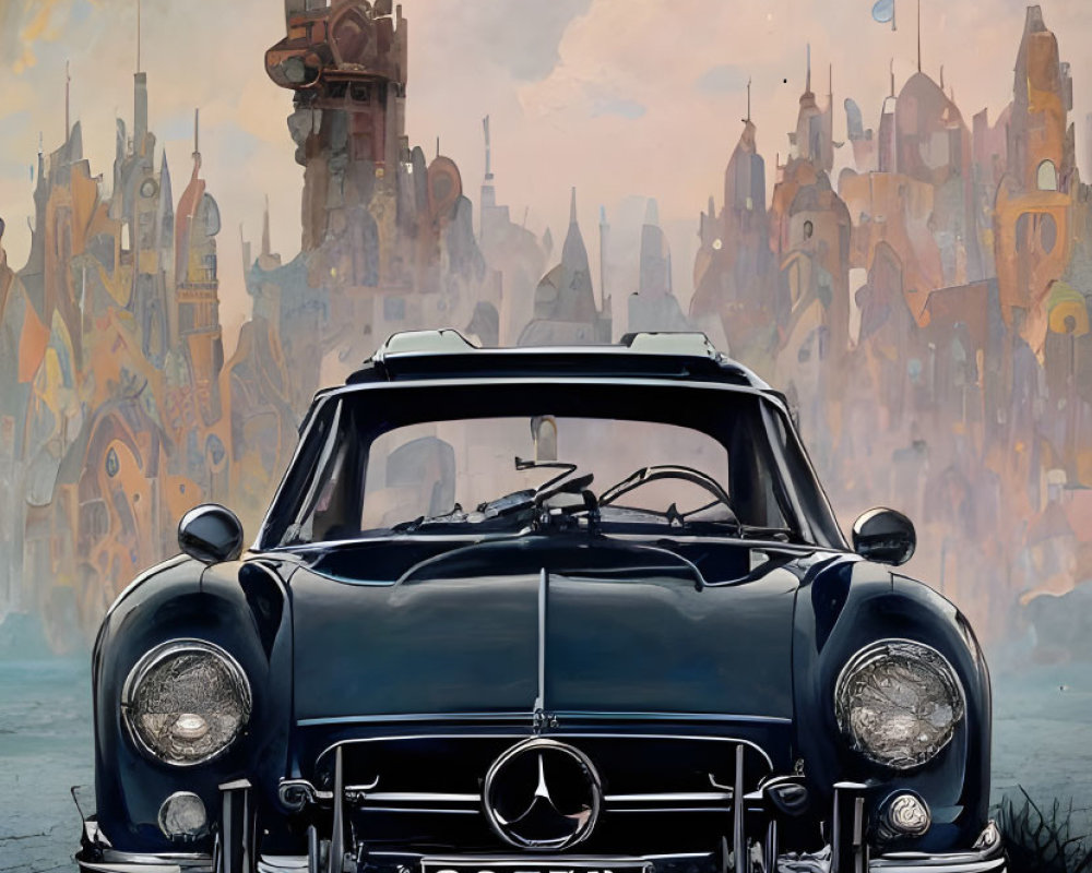 Vintage Mercedes-Benz car with futuristic cityscape and dramatic skies