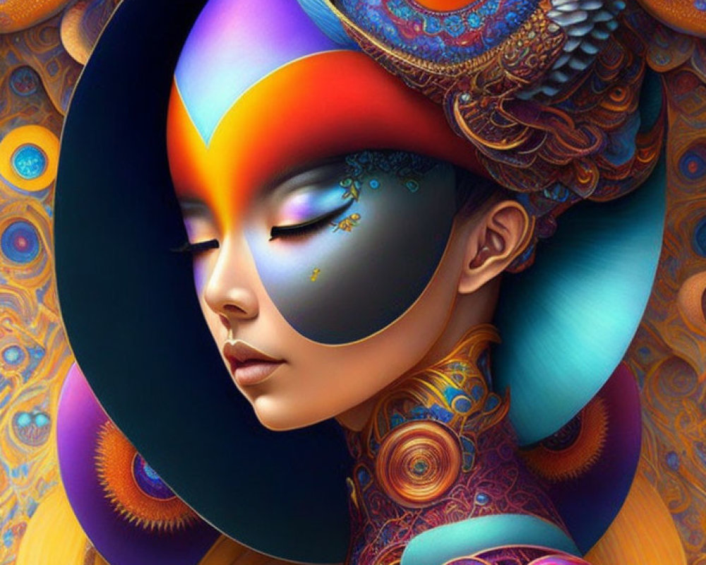 Symmetrical digital artwork of woman with ornate, psychedelic patterns