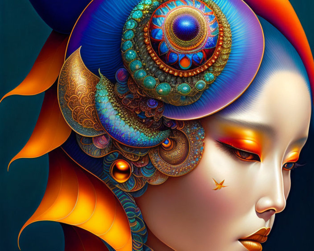 Stylized female figure with ornate headgear in vivid digital artwork