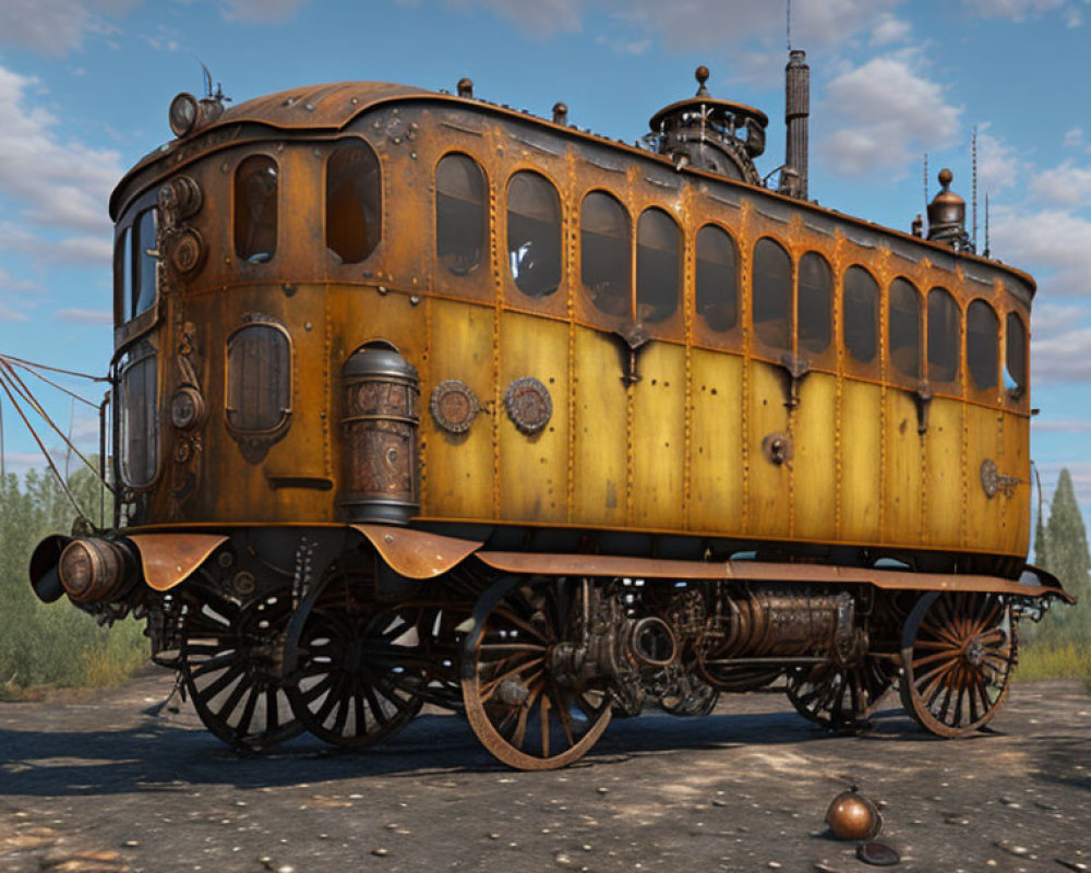 Fantastical Steampunk-Style Locomotive in 3D Rendered Image