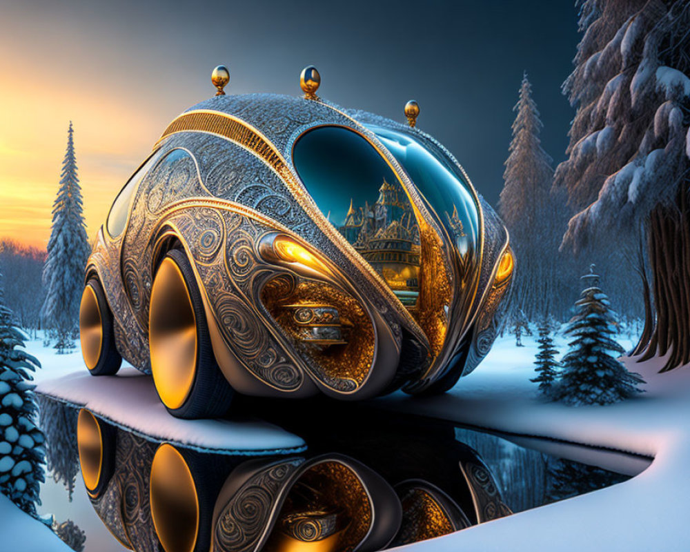 Ornate futuristic vehicle parked in snowy dusk landscape