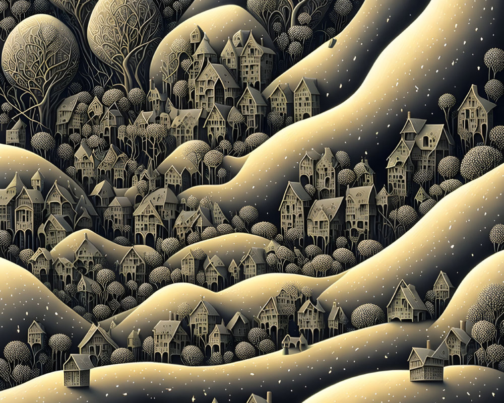 Detailed Black and Gold Whimsical Landscape Illustration