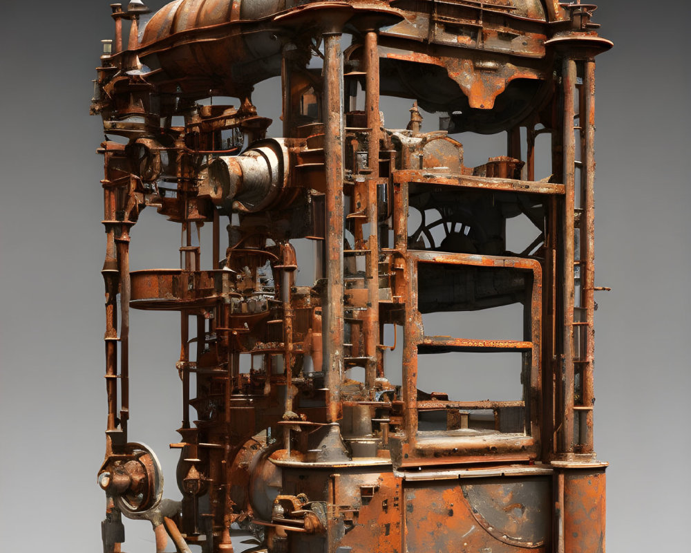 Rusted metal structure with pipes, tanks, and gauges