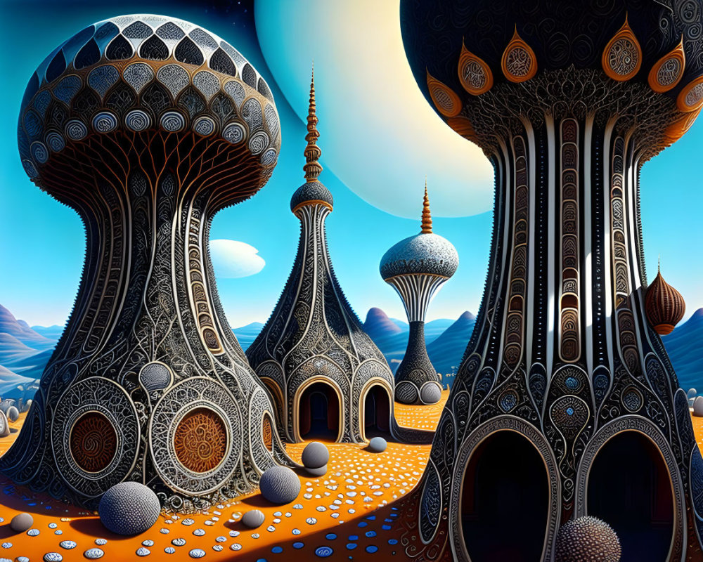 Surreal landscape with ornate mushroom-shaped structures and rolling hills