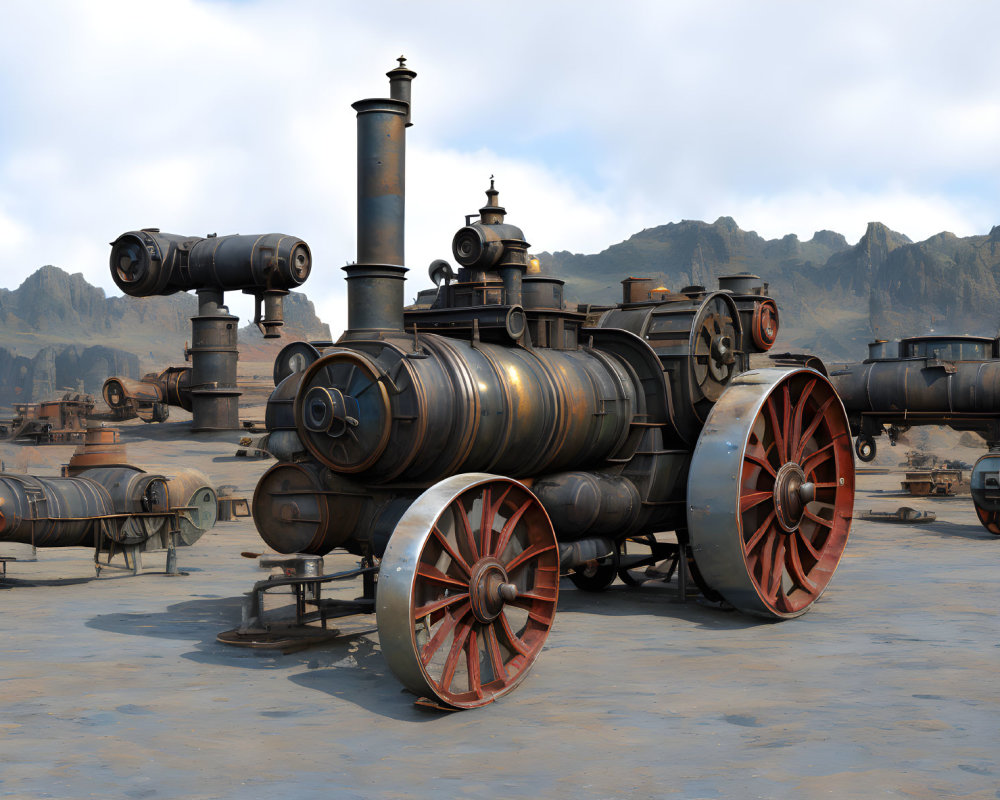 Vintage steam tractor with large rear wheels and small chimney in deserted landscape