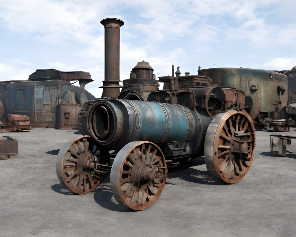 Vintage Steam Tractor with Large Rear Wheels and Metal Boiler in Industrial Setting