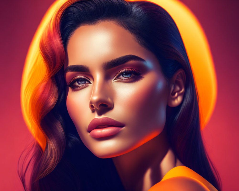 Vibrant digital portrait of woman with striking makeup and flowing hair