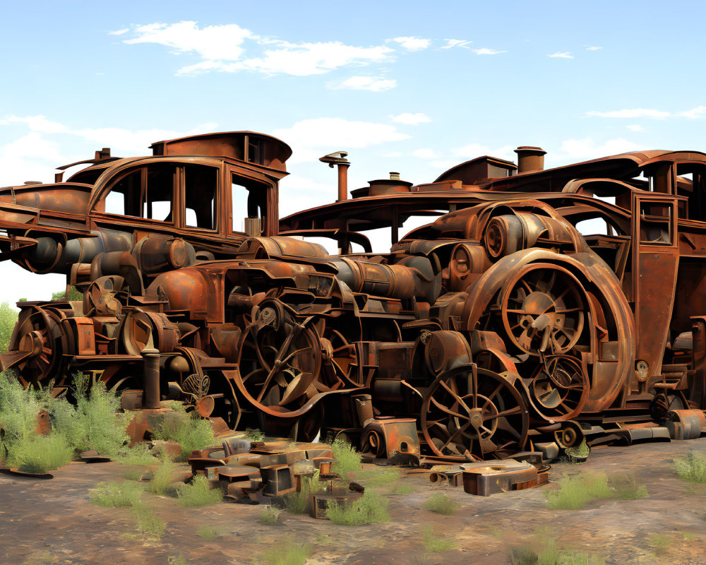 Abandoned vintage steam locomotives in desert landscape