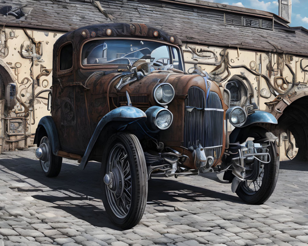 Rusty vintage car parked on cobblestones near building with wall instruments