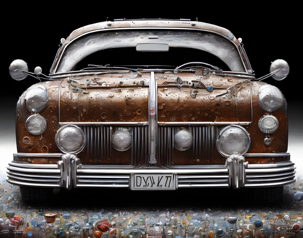 Vintage rusty car with chrome details and round headlights on dark background.