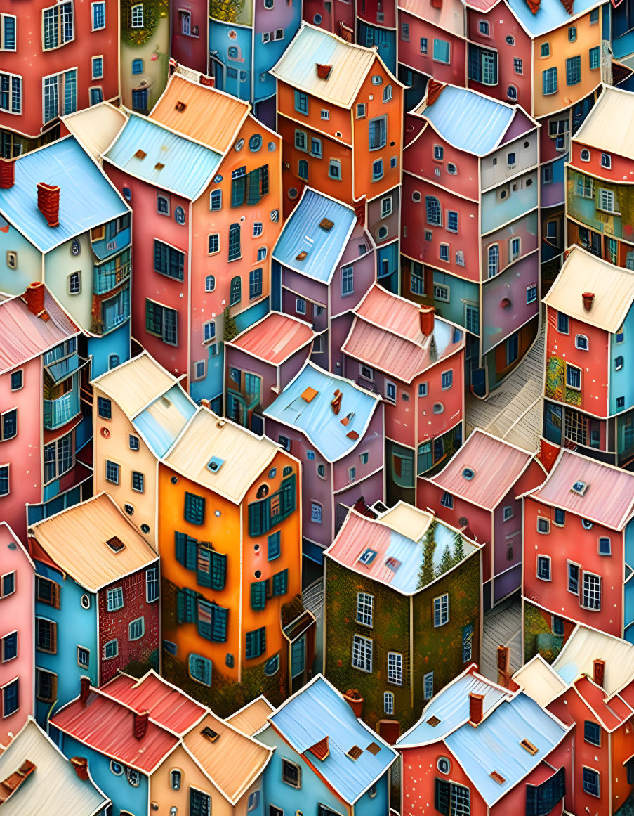 Multicolored urban houses with blue, orange, and pink roofs