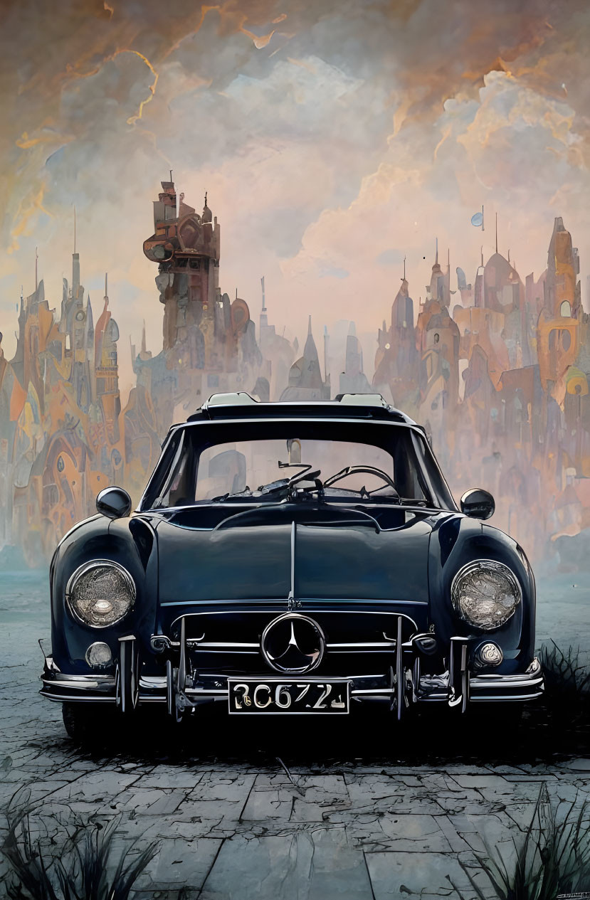 Vintage Mercedes-Benz car with futuristic cityscape and dramatic skies