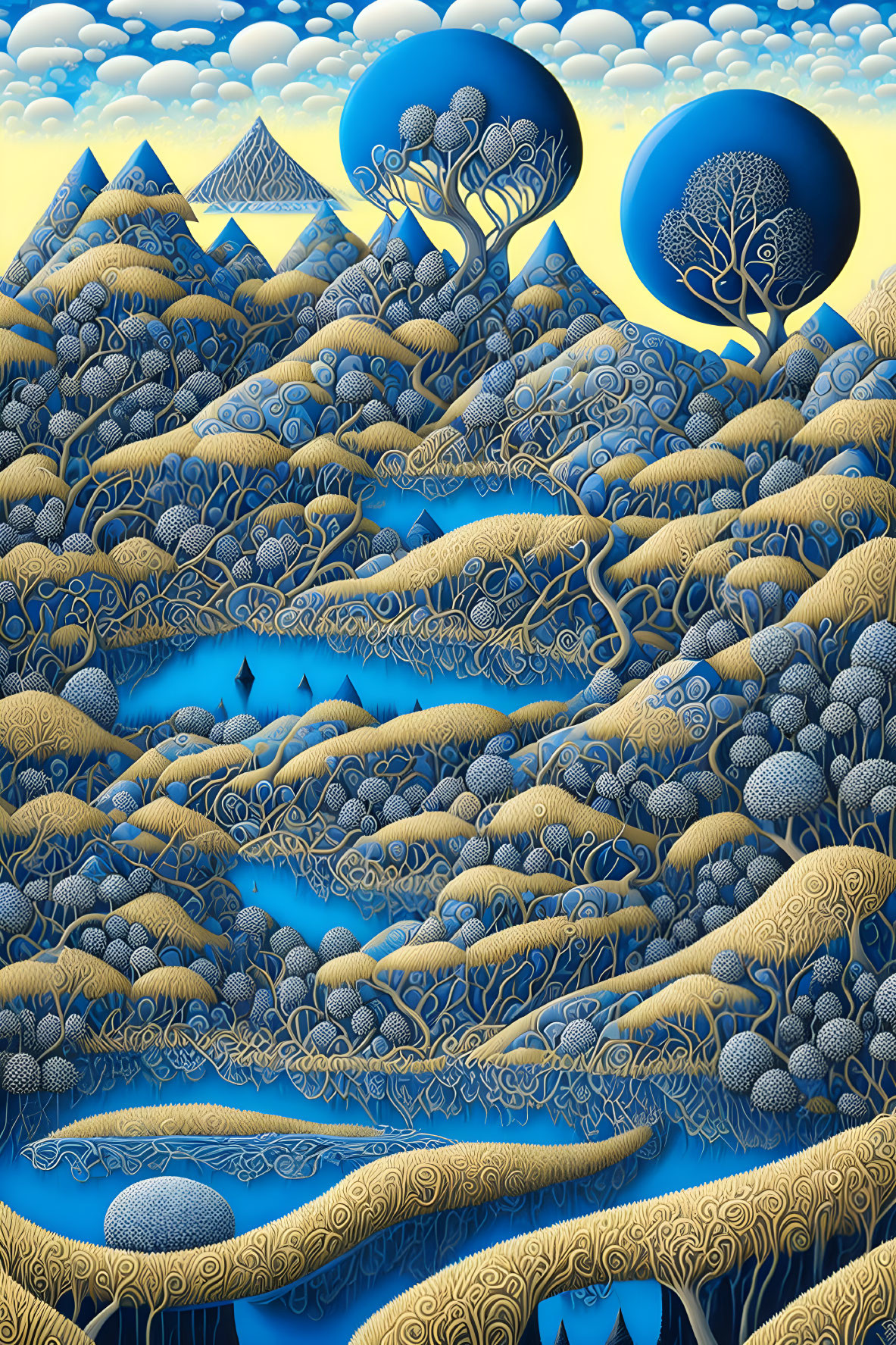 Surreal landscape with blue and golden patterns, intricate tree shapes, rolling hills, and structured clouds