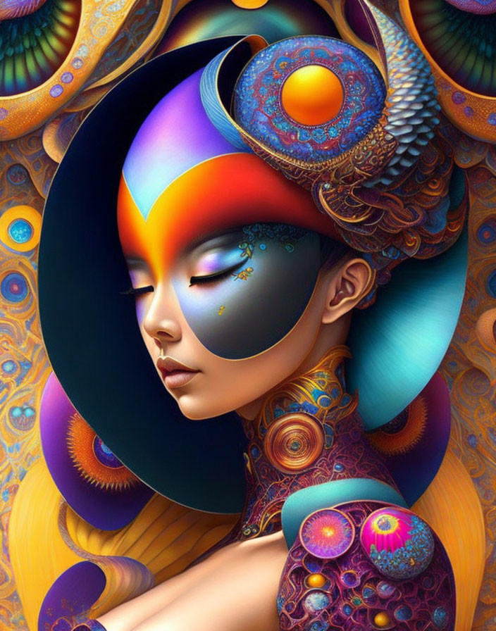 Symmetrical digital artwork of woman with ornate, psychedelic patterns