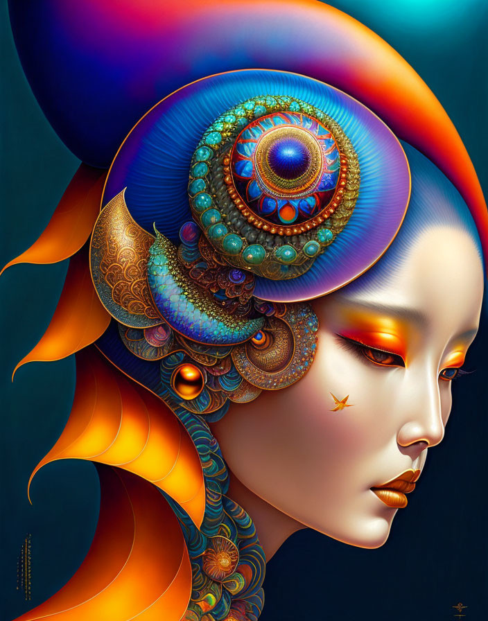 Stylized female figure with ornate headgear in vivid digital artwork