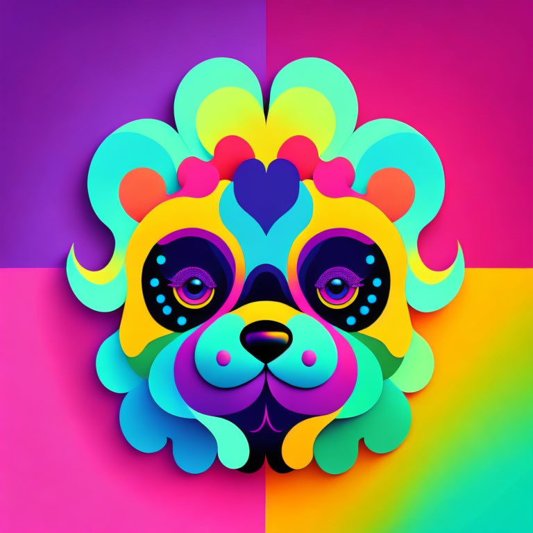 Colorful Stylized Lion Face Illustration on Split Background